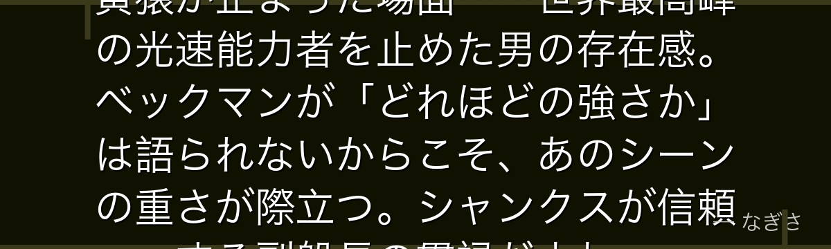 「撃つぞ……黄猿」——あの一言で黄猿が止まった場面……世界最高峰の光速能力者を止めた男の存在感。ベックマンが「どれほどの強さか」は語られないからこそ、あのシーンの重さが際立つ。シャンクスが信頼する副船長の貫禄だよね。
