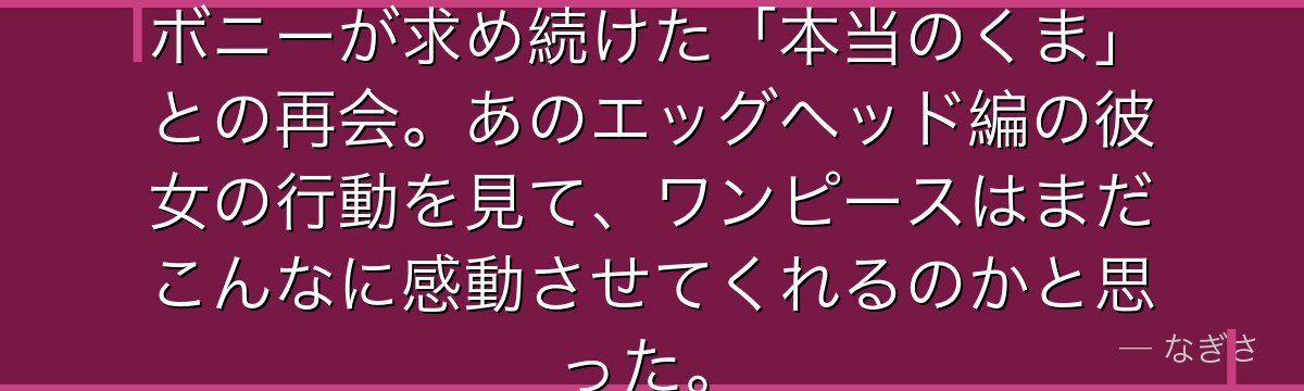 お父さんがどんな姿になっても……ボニーが求め続けた「本当のくま」との再会。あのエッグヘッド編の彼女の行動を見て、ワンピースはまだこんなに感動させてくれるのかと思った。