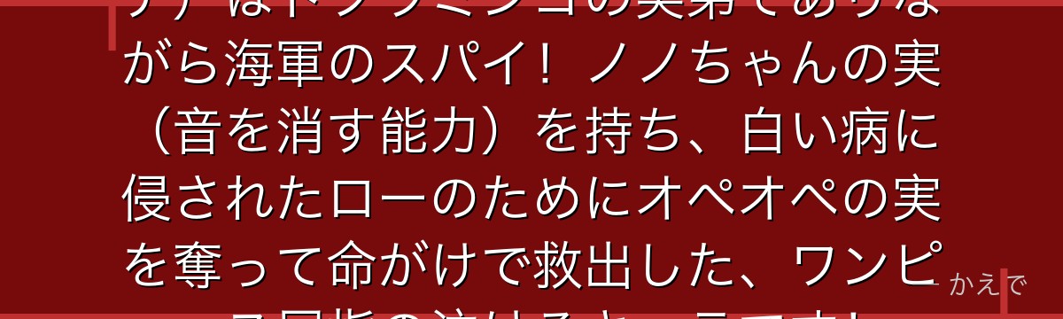 コラソン(ドンキホーテ・ロシナンテ)はドフラミンゴの実弟でありながら海軍のスパイ!ノノちゃんの実(音を消す能力)を持ち、白い病に侵されたローのためにオペオペの実を奪って命がけで救出した、ワンピース屈指の泣けるキャラです!