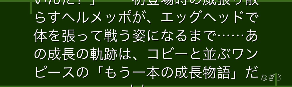 「俺だって……本物の海軍になりたいんだ！」——初登場時の威張り散らすヘルメッポが、エッグヘッドで体を張って戦う姿になるまで……あの成長の軌跡は、コビーと並ぶワンピースの「もう一本の成長物語」だよね。
