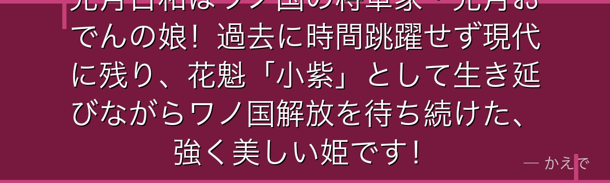 光月日和はワノ国の将軍家・光月おでんの娘！過去に時間跳躍せず現代に残り、花魁「小紫」として生き延びながらワノ国解放を待ち続けた、強く美しい姫です！