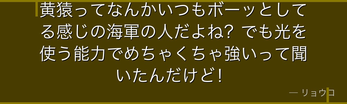 黄猿ってなんかいつもボーッとしてる感じの海軍の人だよね?でも光を使う能力でめちゃくちゃ強いって聞いたんだけど!