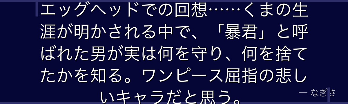 「くまの記憶を全て見た」——あのエッグヘッドでの回想……くまの生涯が明かされる中で、「暴君」と呼ばれた男が実は何を守り、何を捨てたかを知る。ワンピース屈指の悲しいキャラだと思う。