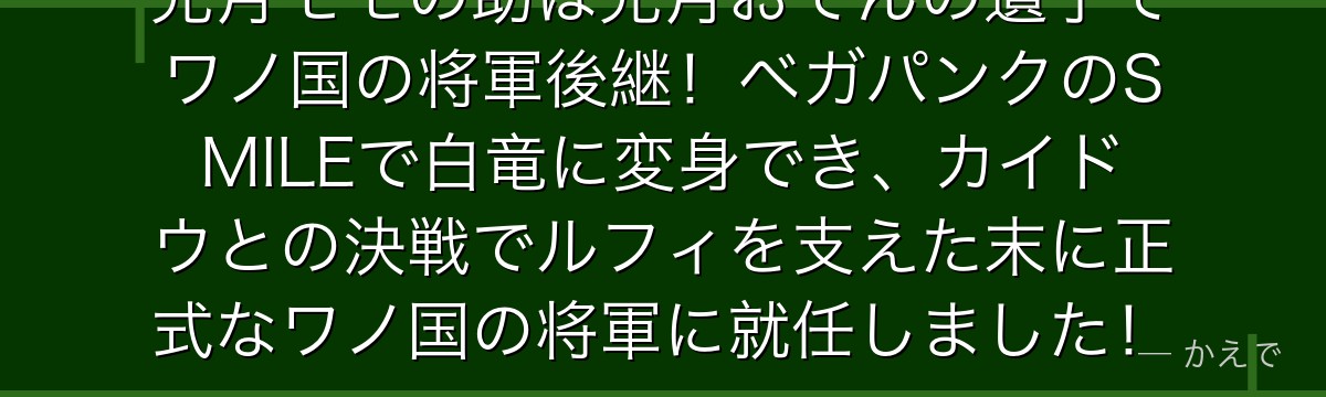 光月モモの助は光月おでんの遺子でワノ国の将軍後継!ベガパンクのSMILEで白竜に変身でき、カイドウとの決戦でルフィを支えた末に正式なワノ国の将軍に就任しました!