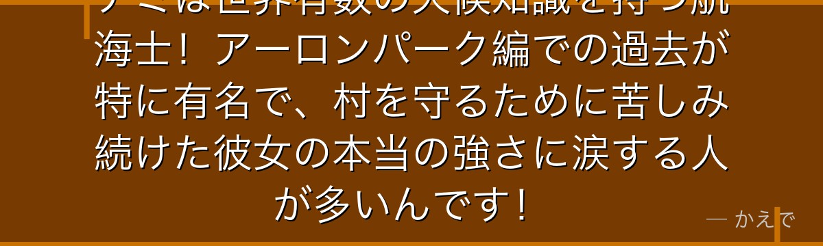 ナミは世界有数の天候知識を持つ航海士!アーロンパーク編での過去が特に有名で、村を守るために苦しみ続けた彼女の本当の強さに涙する人が多いんです!