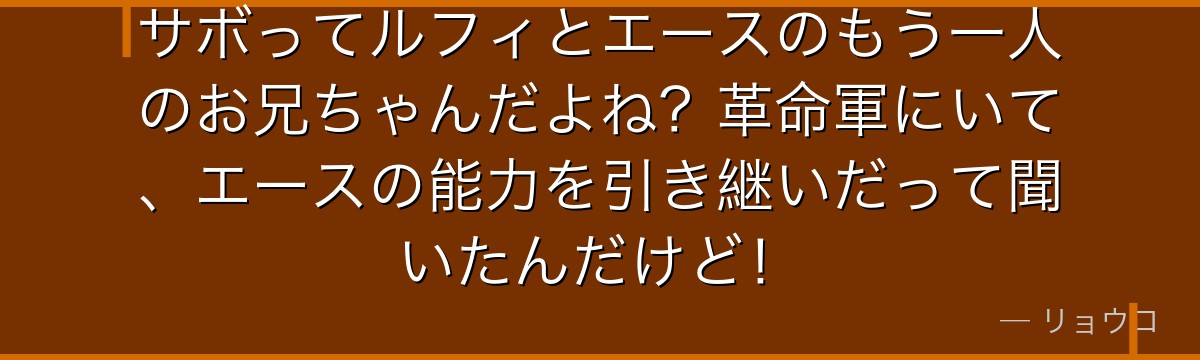 サボってルフィとエースのもう一人のお兄ちゃんだよね?革命軍にいて、エースの能力を引き継いだって聞いたんだけど!