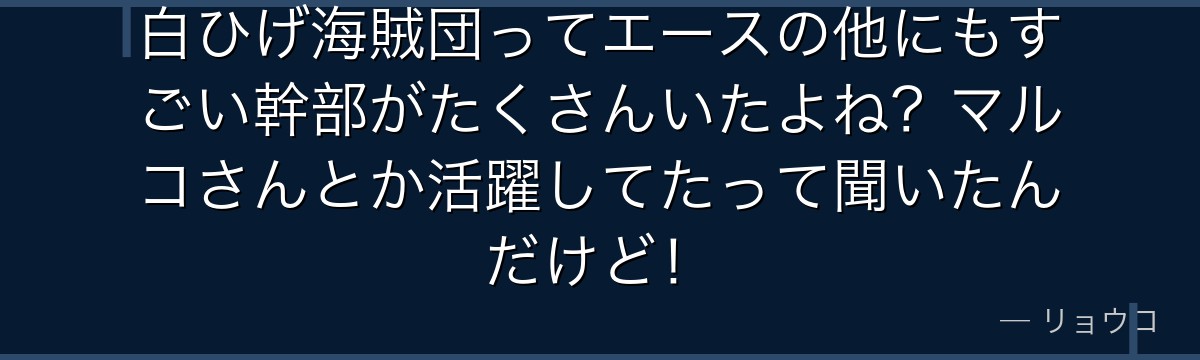 白ひげ海賊団ってエースの他にもすごい幹部がたくさんいたよね?マルコさんとか活躍してたって聞いたんだけど!