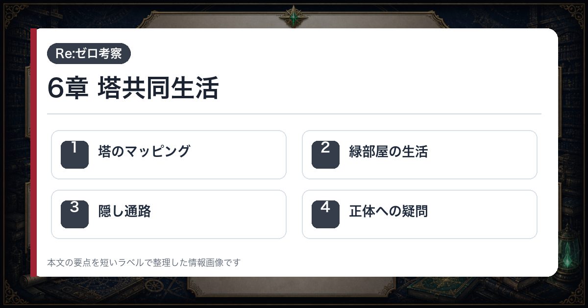 6章 塔共同生活を塔のマッピング・緑部屋の生活・隠し通路・正体への疑問で整理した情報画像