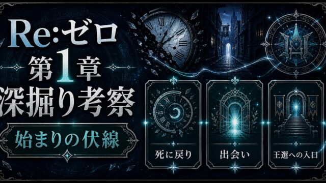 Re:ゼロ第1章の始まりの伏線・死に戻り・出会い・王選への入口を整理したアイキャッチ
