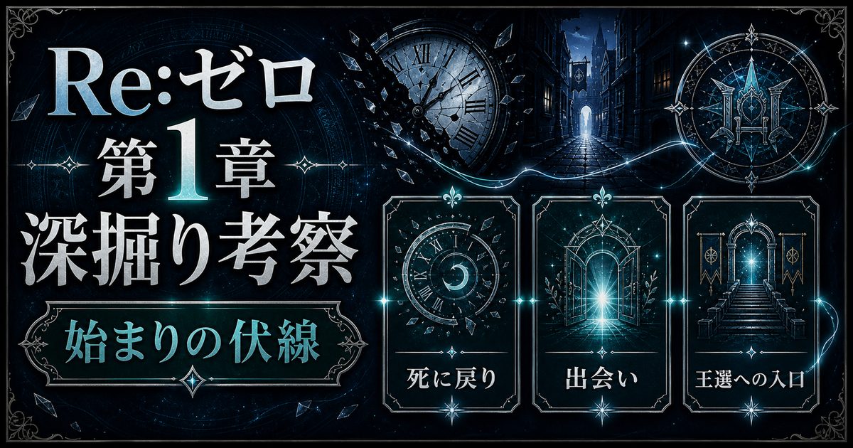Re:ゼロ第1章の始まりの伏線・死に戻り・出会い・王選への入口を整理したアイキャッチ