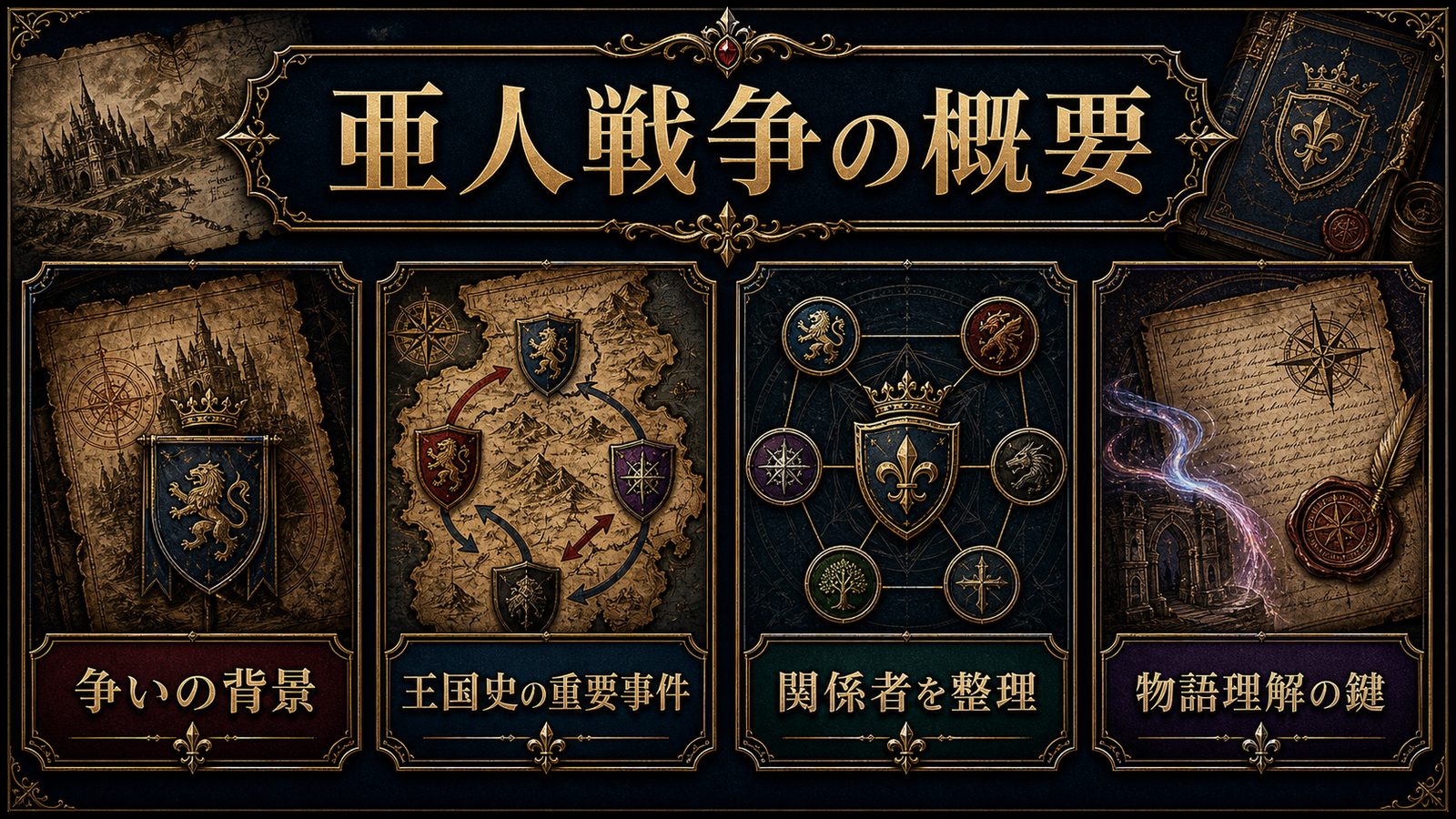亜人戦争の概要を争いの背景・王国史の重要事件・関係者・物語理解の鍵で整理した図解