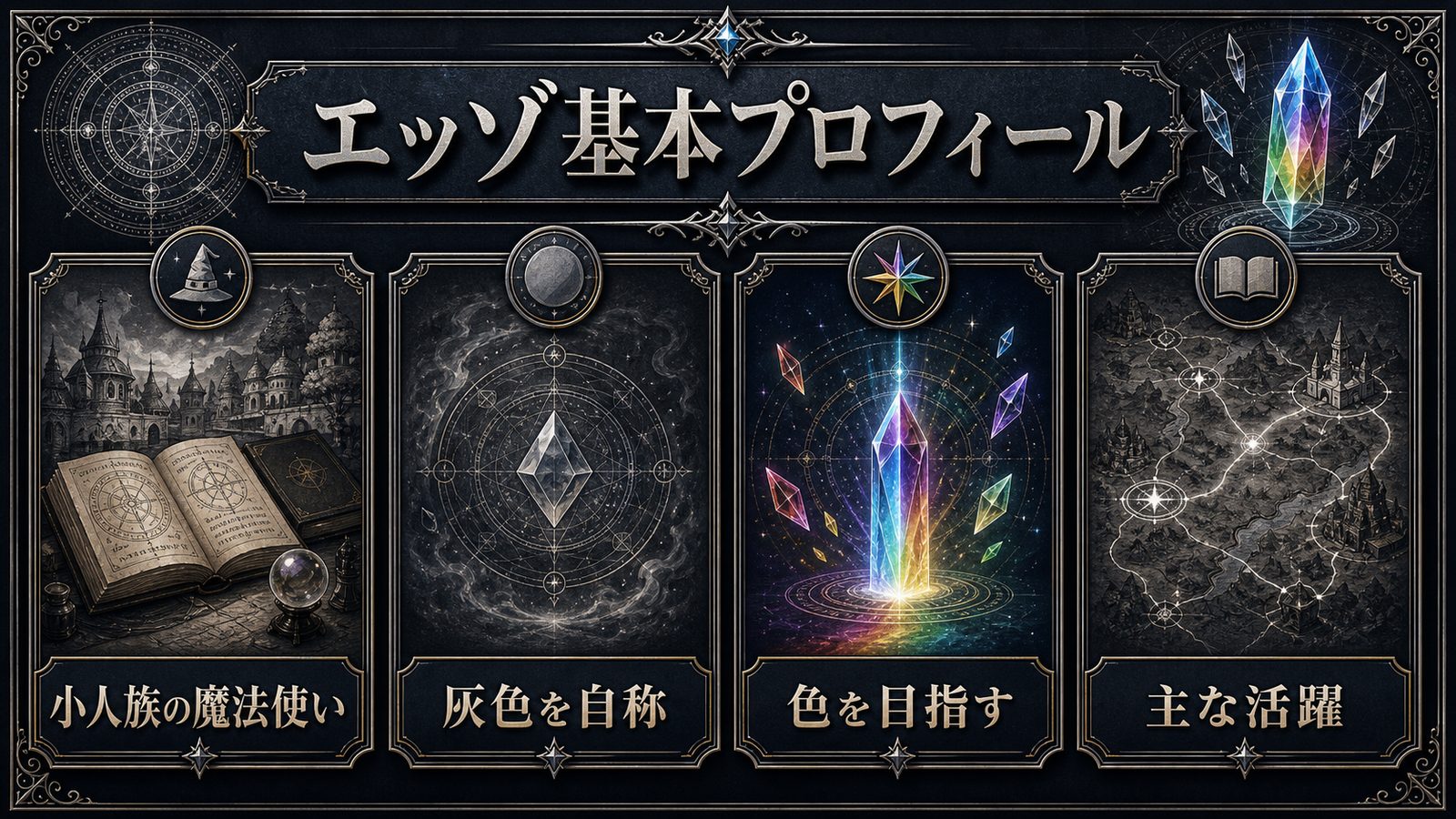 エッゾの基本プロフィールを小人族の魔法使い・灰色を自称・色を目指す人物として整理した図解