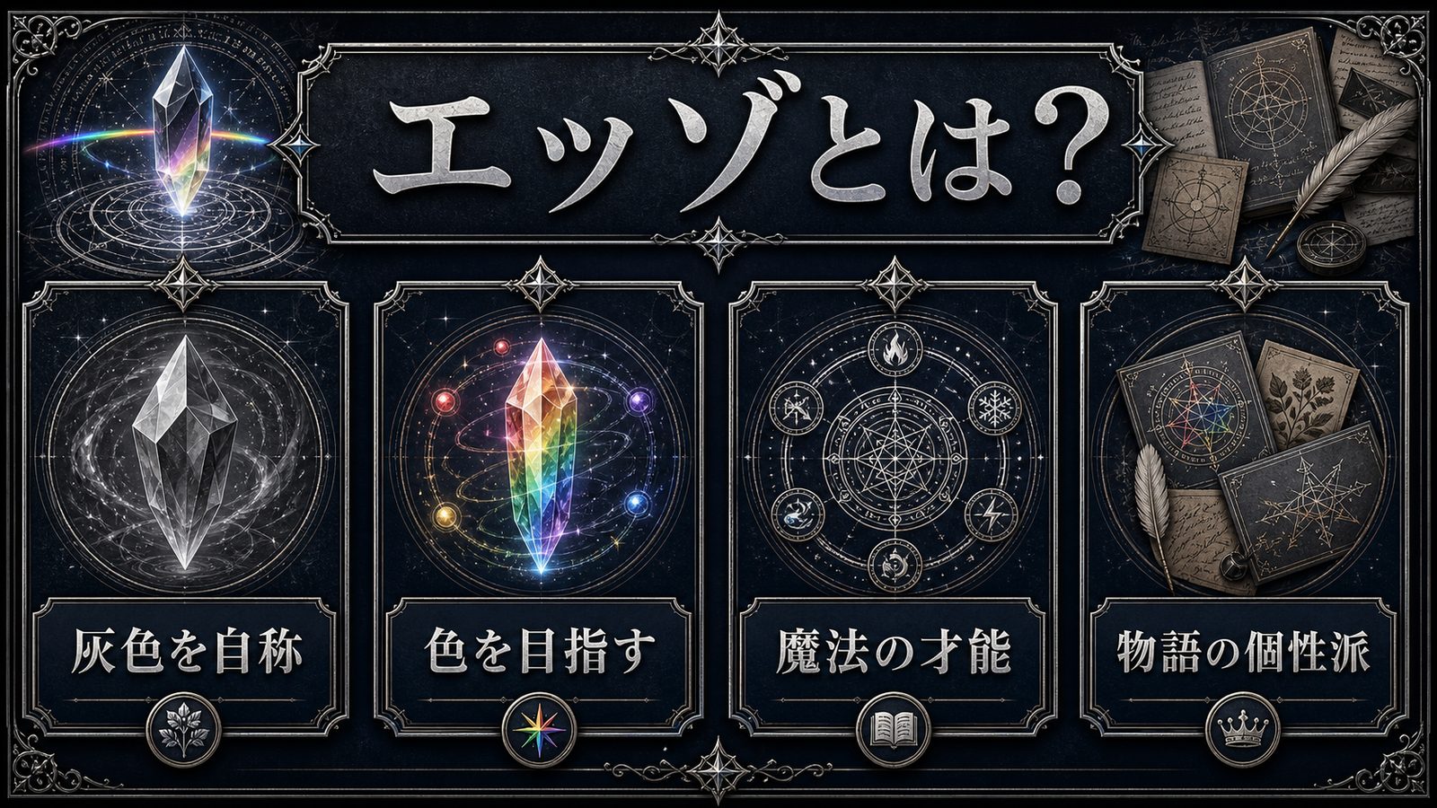 エッゾとはどんな人物かを灰色を自称・色を目指す・魔法の才能・個性派で整理した図解