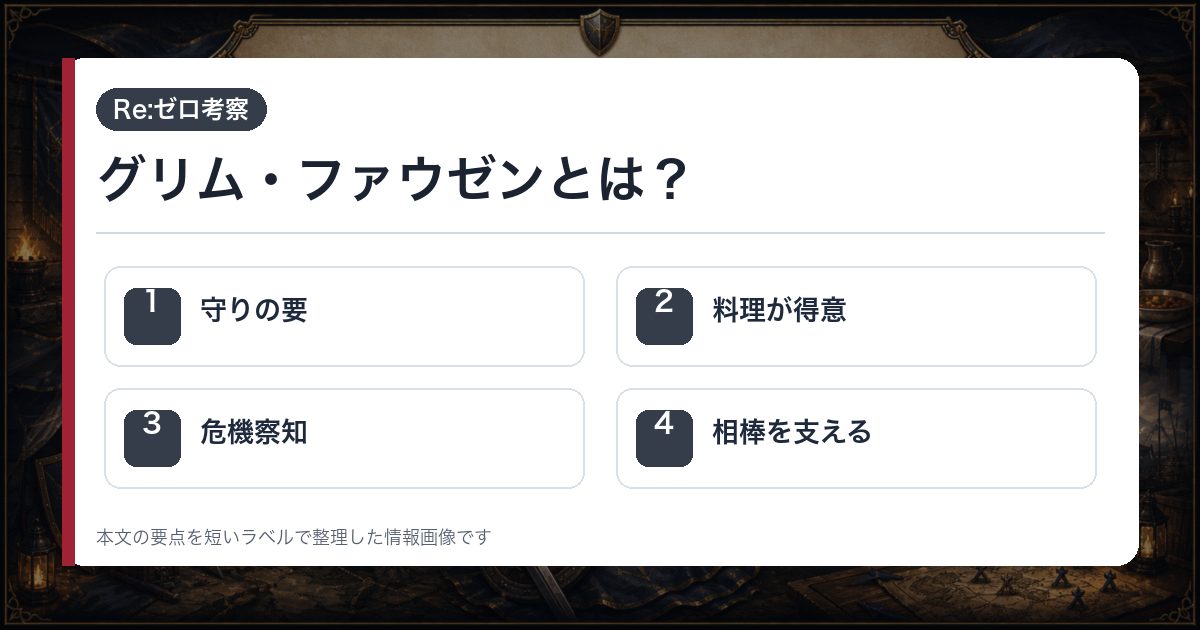 グリム・ファウゼンとは?を守りの要・料理が得意・危機察知・相棒を支えるで整理した情報画像
