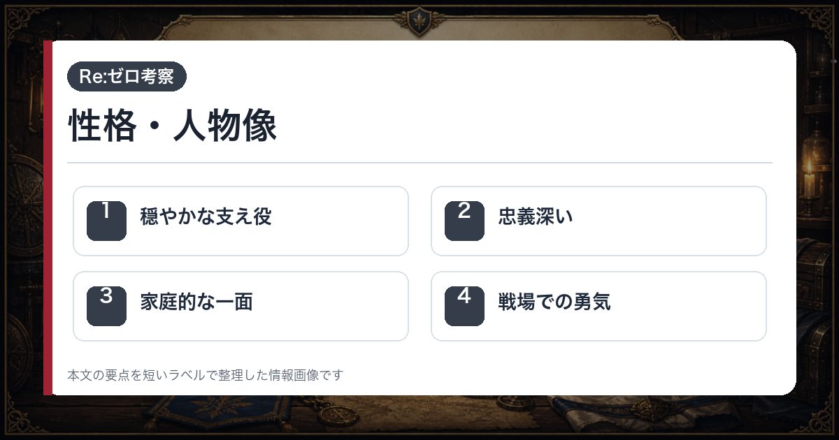性格・人物像を穏やかな支え役・忠義深い・家庭的な一面・戦場での勇気で整理した情報画像