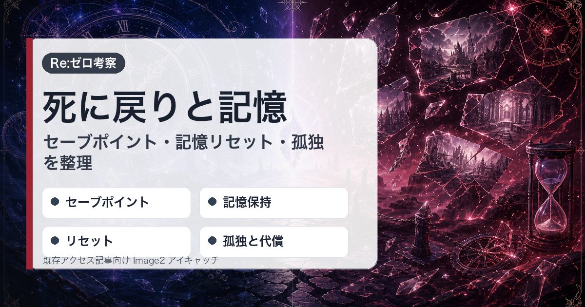 死に戻りと記憶の喪失をセーブポイント・記憶保持・リセット・孤独と代償で整理したアイキャッチ
