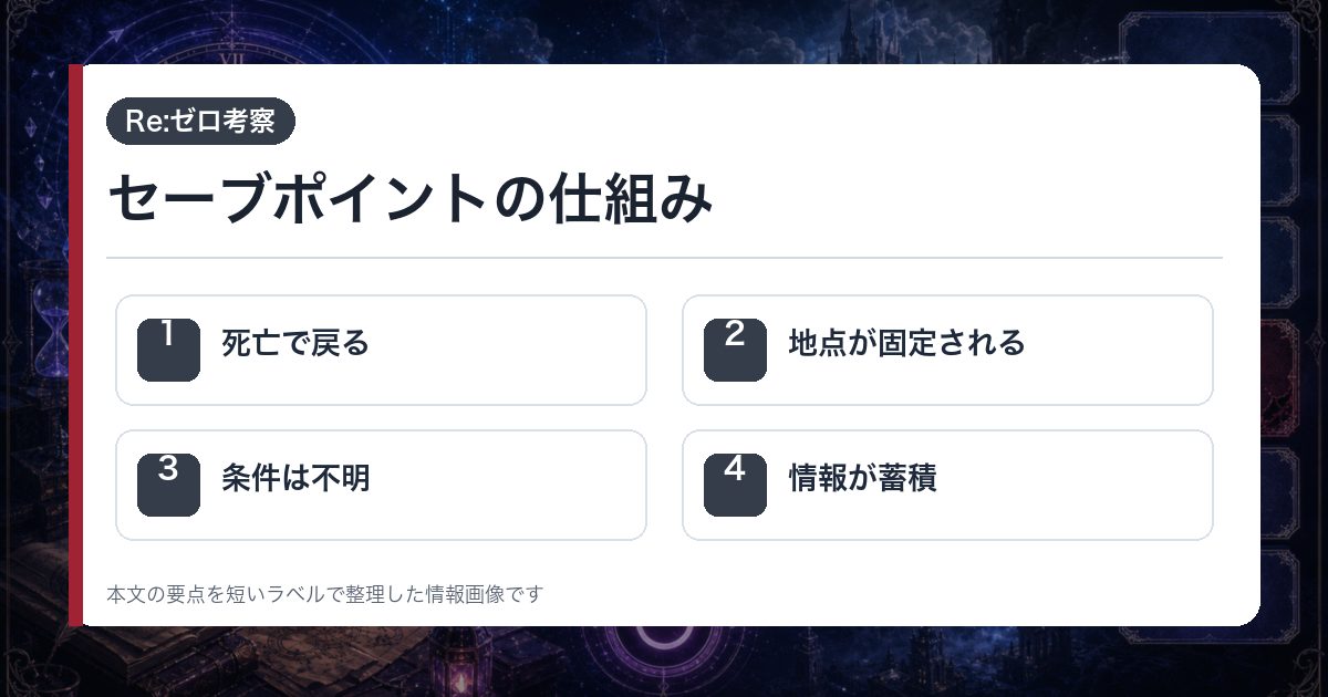 セーブポイントの仕組みを死亡で戻る・地点が固定される・条件は不明・情報が蓄積で整理した情報画像
