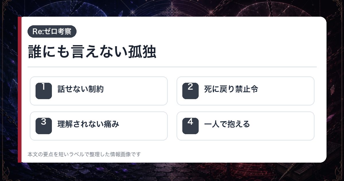 誰にも言えない孤独を話せない制約・死に戻り禁止令・理解されない痛み・一人で抱えるで整理した情報画像