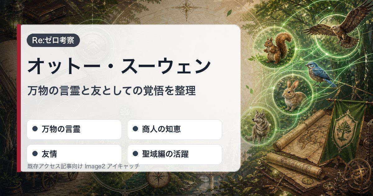 オットー・スーウェンを万物の言霊・商人の知恵・友情・聖域編の活躍で整理したアイキャッチ