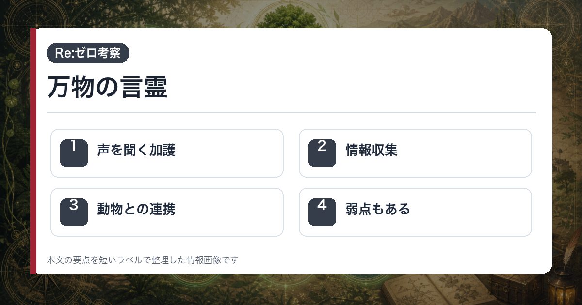 万物の言霊を声を聞く加護・情報収集・動物との連携・弱点もあるで整理した情報画像