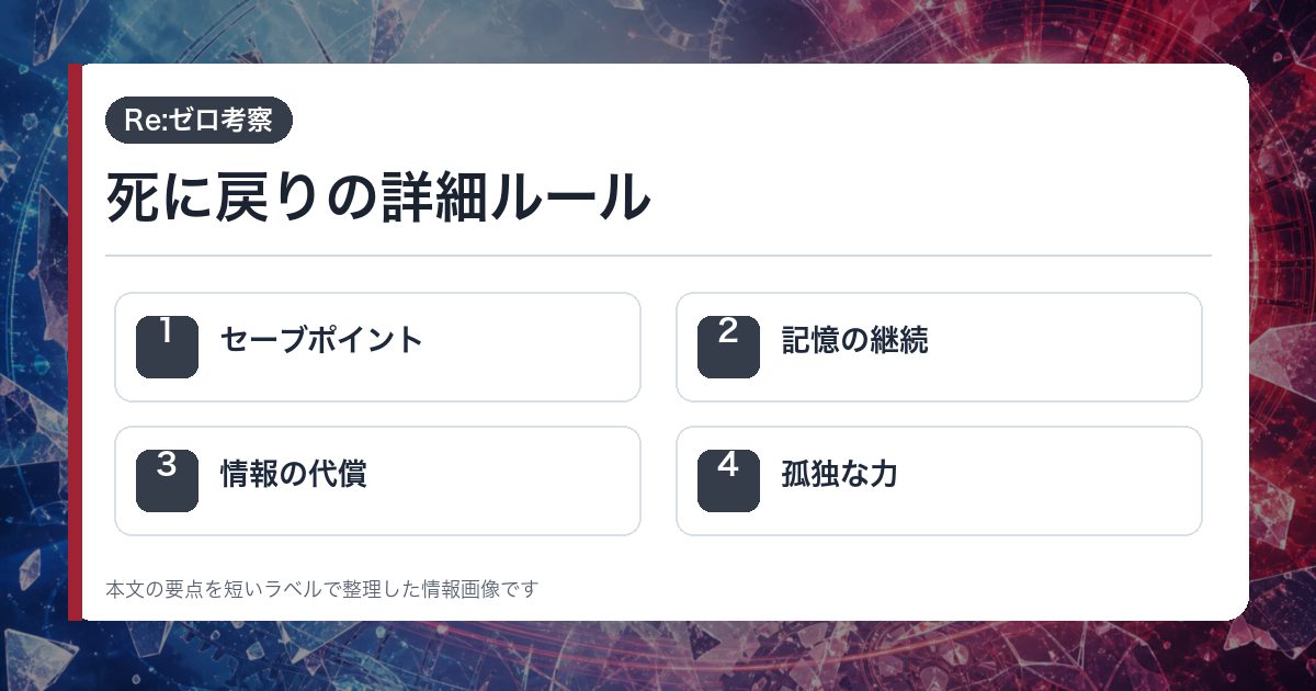 死に戻りの詳細ルールをセーブポイント・記憶の継続・情報の代償・孤独な力で整理した情報画像