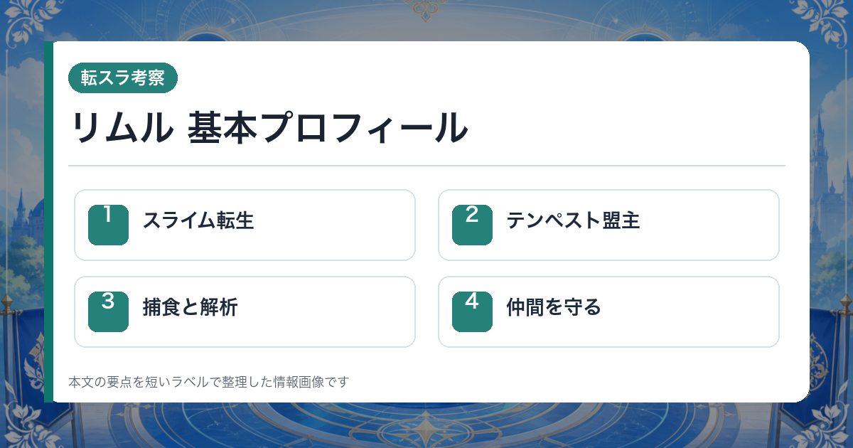 リムル 基本プロフィールをスライム転生・テンペスト盟主・捕食と解析・仲間を守るで整理した情報画像