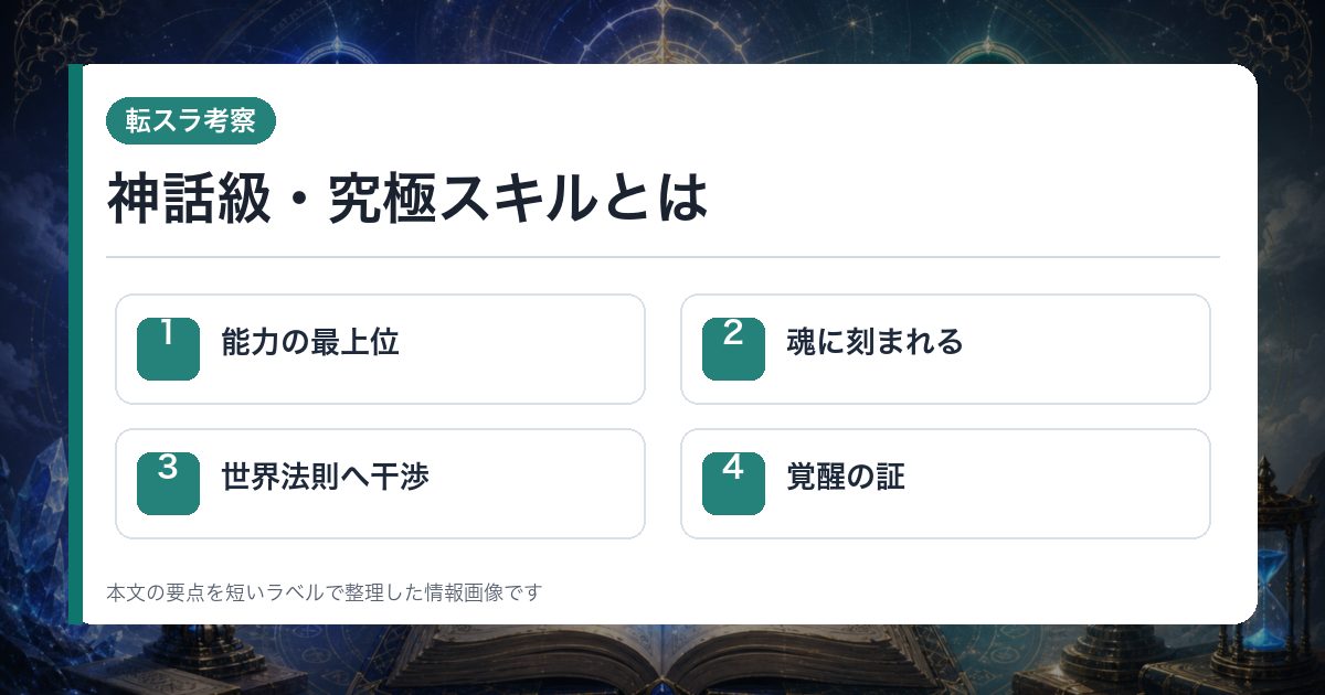 神話級・究極スキルとはを能力の最上位・魂に刻まれる・世界法則へ干渉・覚醒の証で整理した情報画像