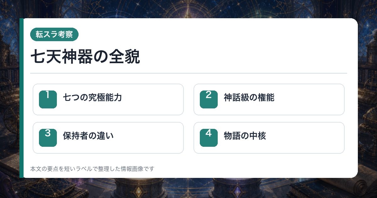 七天神器の全貌を七つの究極能力・神話級の権能・保持者の違い・物語の中核で整理した情報画像