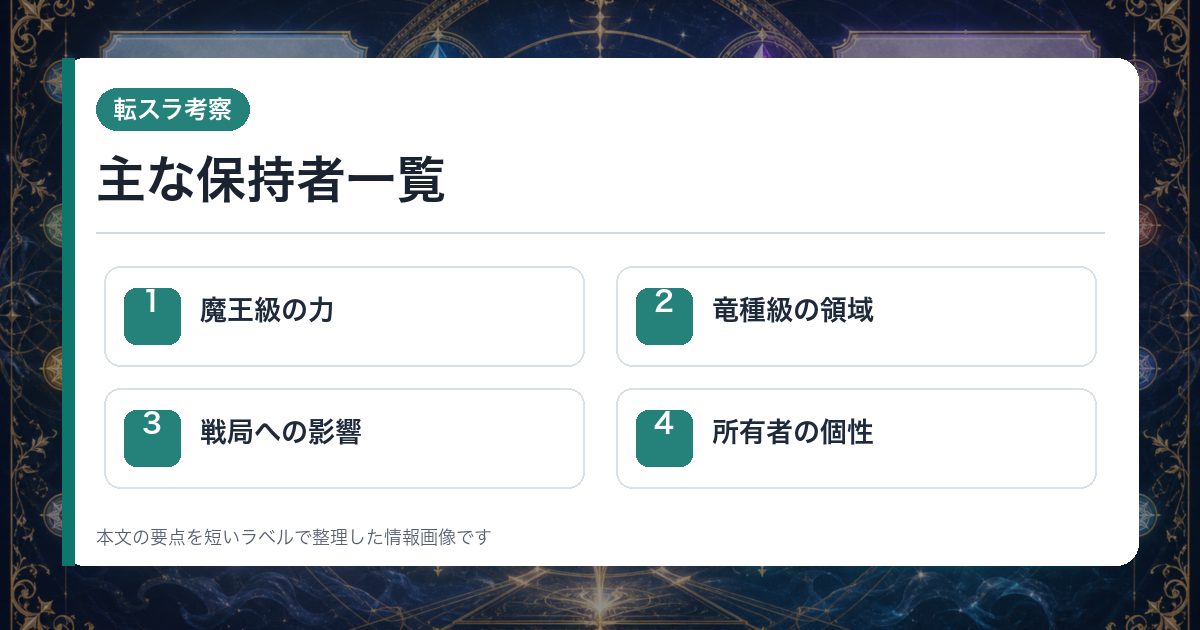 主な保持者一覧を魔王級の力・竜種級の領域・戦局への影響・所有者の個性で整理した情報画像