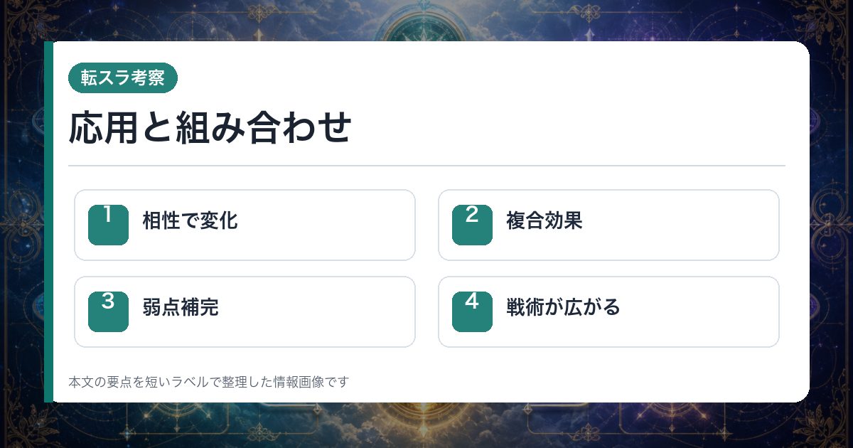 応用と組み合わせを相性で変化・複合効果・弱点補完・戦術が広がるで整理した情報画像
