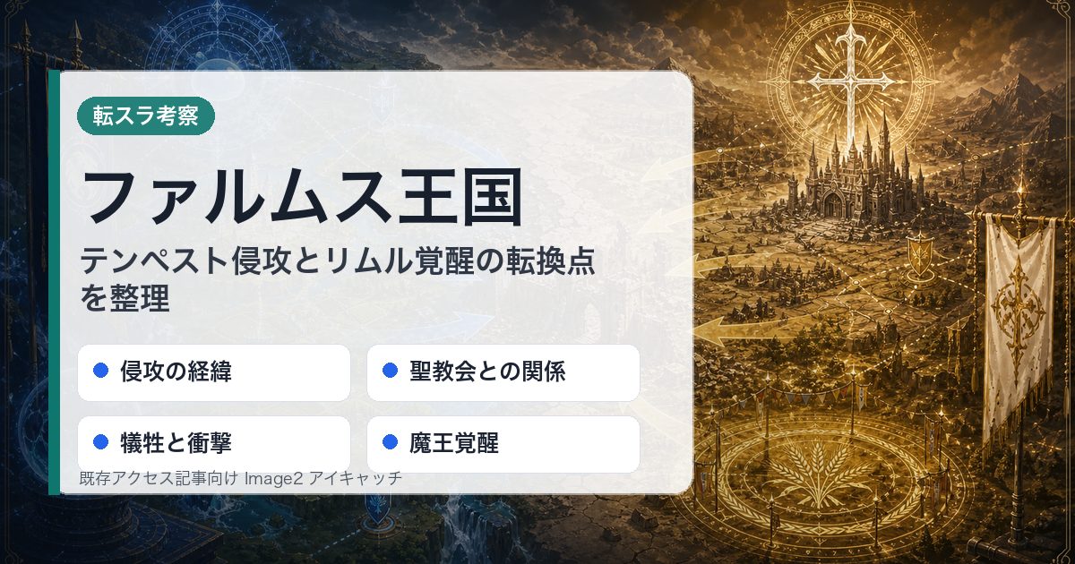 ファルムス王国を侵攻の経緯・聖教会との関係・犠牲と衝撃・魔王覚醒で整理したアイキャッチ