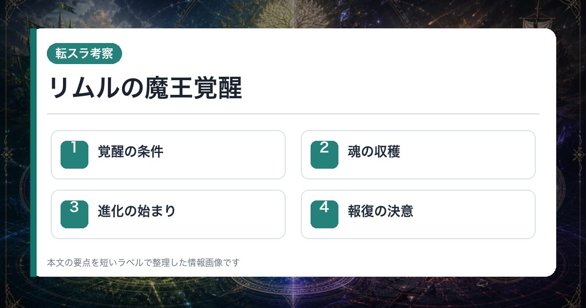 リムルの魔王覚醒を覚醒の条件・魂の収穫・進化の始まり・報復の決意で整理した情報画像
