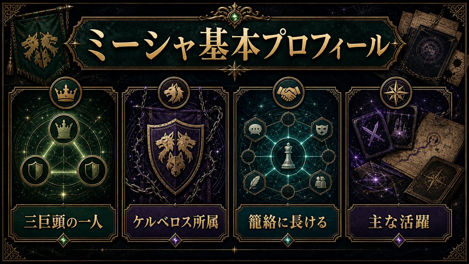 ミーシャの基本プロフィールを三巨頭・ケルベロス所属・籠絡に長ける点で整理した図解