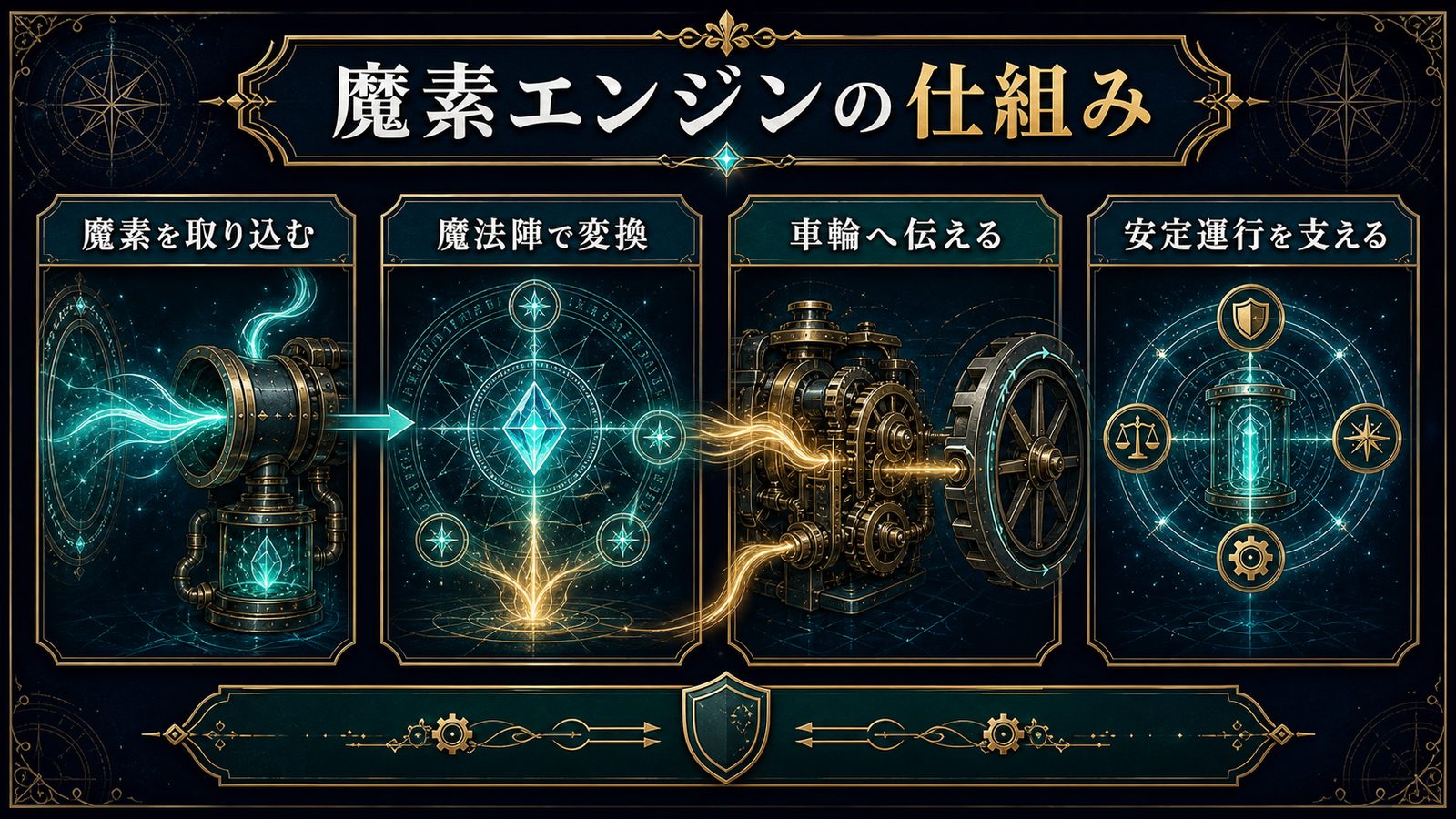 魔導列車の魔素エンジンと魔法陣の仕組みを段階的に示した図解