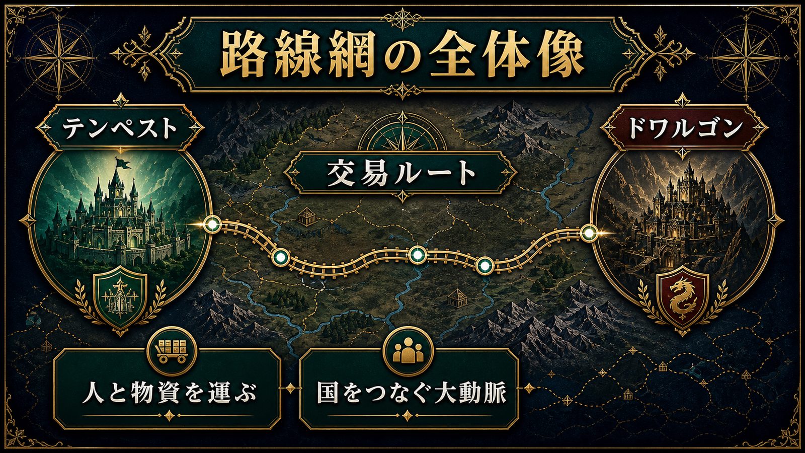 テンペストとドワルゴンを結ぶ魔導列車の路線網と交易ルートを示した図解