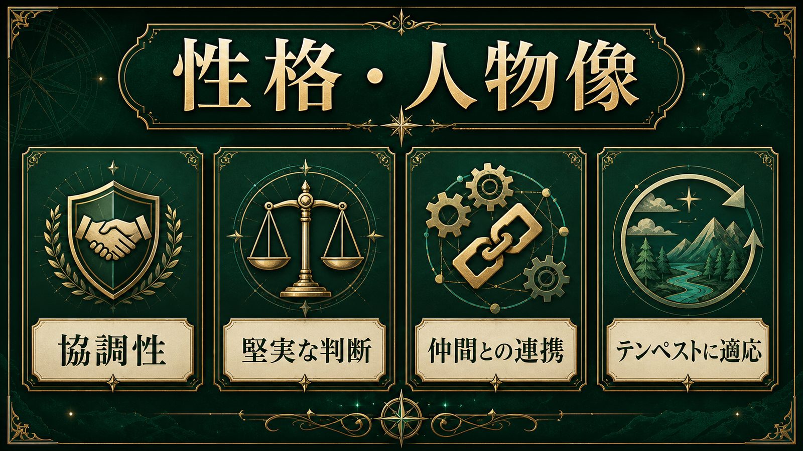 ジラードの性格と人物像を協調性・判断力・仲間との連携・テンペストへの適応で整理した図解