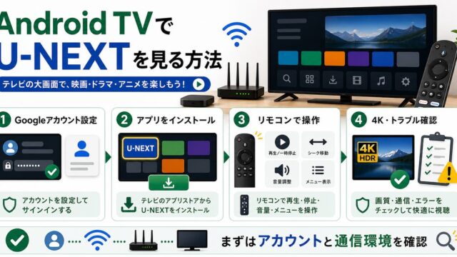 Android TVでU-NEXTを見る方法とアカウント設定や4K確認を示すアイキャッチ