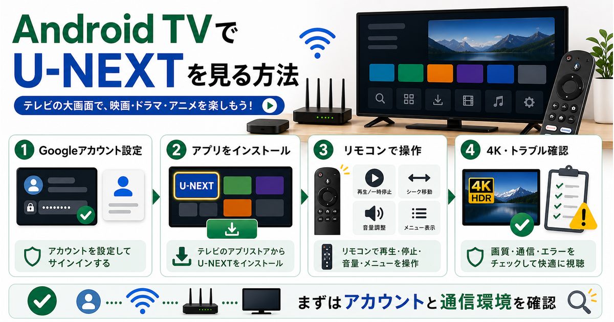 Android TVでU-NEXTを見る方法とアカウント設定や4K確認を示すアイキャッチ