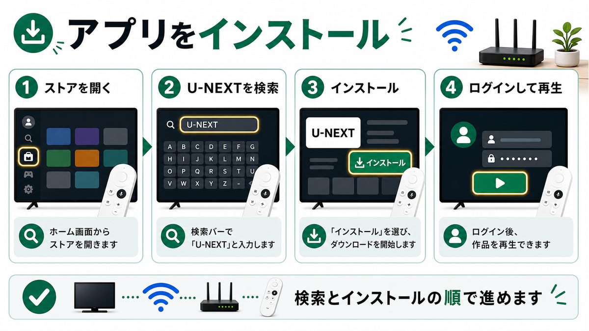 Android TVでU-NEXTアプリを検索してインストールする手順を示す図解