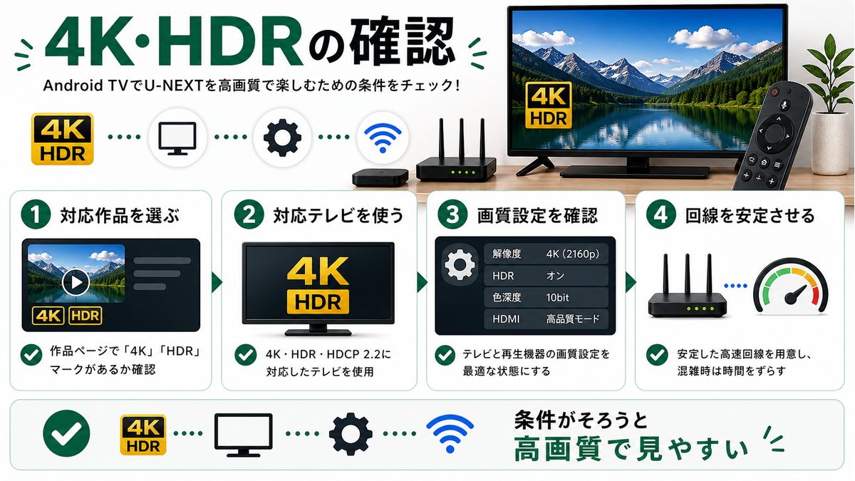 Android TVでU-NEXTを4K HDR視聴するための条件を示す図解