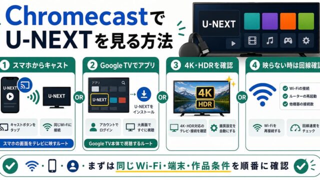 ChromecastでU-NEXTを見る方法とキャストや4K HDR確認を示すアイキャッチ