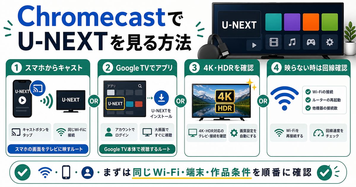 ChromecastでU-NEXTを見る方法とキャストや4K HDR確認を示すアイキャッチ
