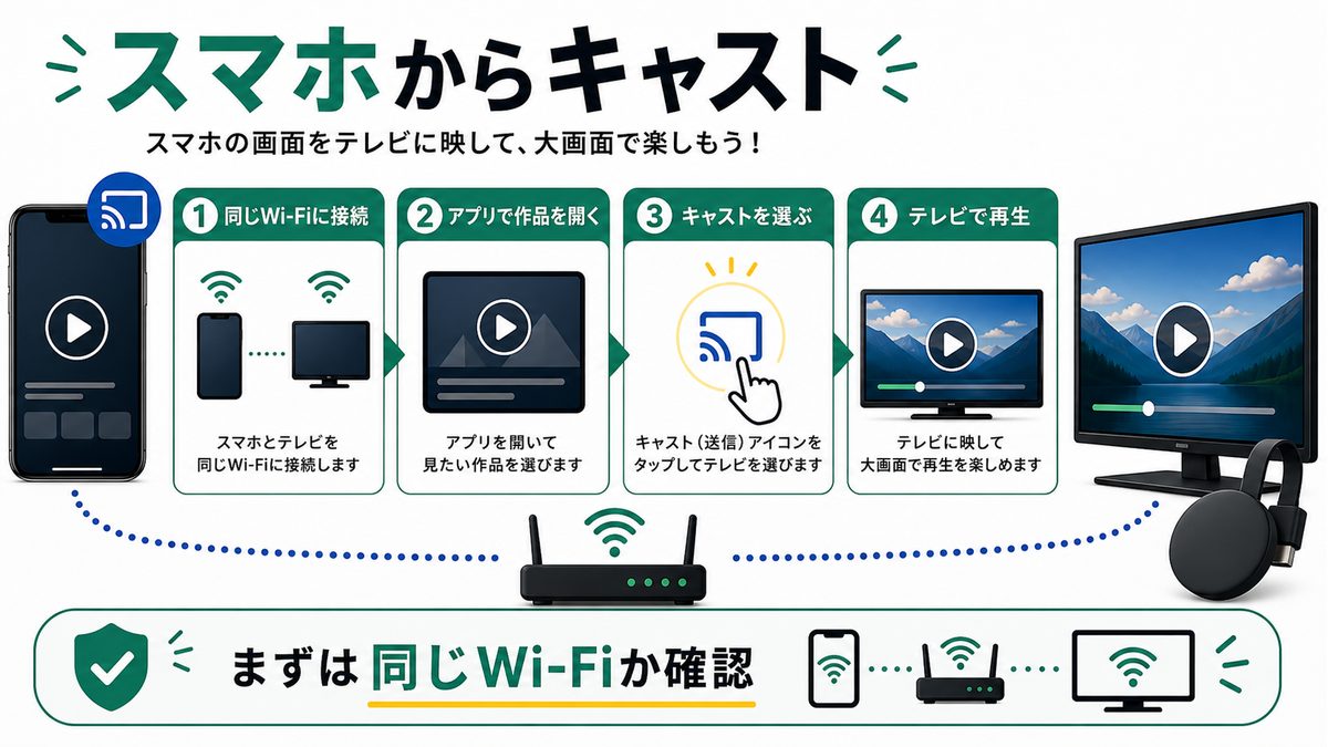スマホからChromecastでU-NEXTをテレビへキャストする手順を示す図解