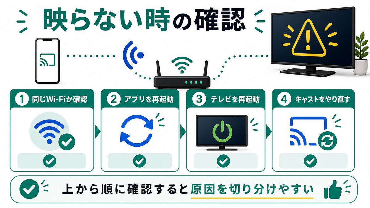 ChromecastでU-NEXTが映らない時の確認順を示すトラブル対処図解
