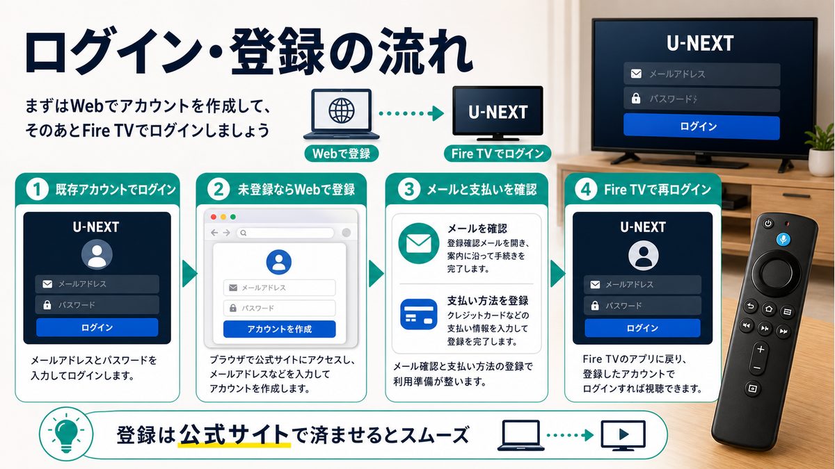 Fire TVでU-NEXTにログインし未登録時はWebで登録する流れを示す図解