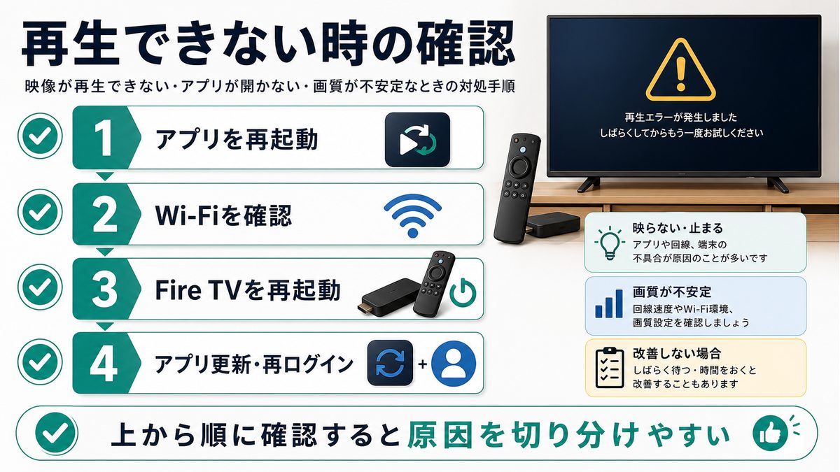 Fire TVでU-NEXTが再生できない時の確認順を示すトラブル対処図解