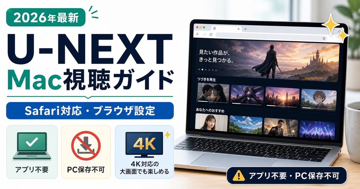 MacでU-NEXTを見る方法とSafariブラウザ設定を示すアイキャッチ