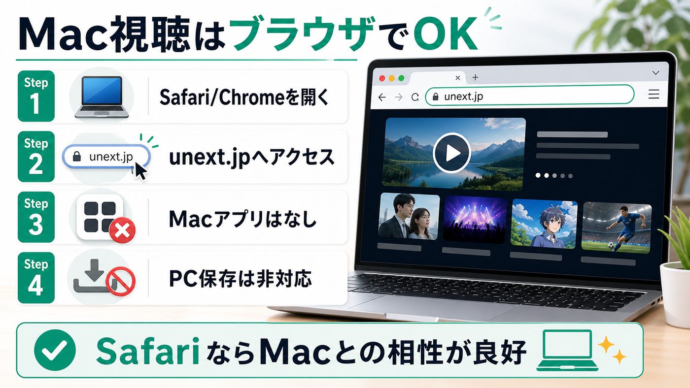 MacでU-NEXTをブラウザ視聴する方法とMacアプリ非対応を示す図解