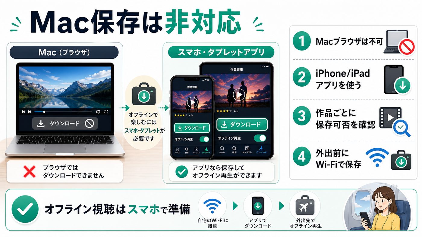 U-NEXTのMacダウンロード非対応とスマホアプリでのオフライン視聴を示す図解
