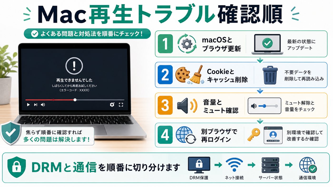 MacでU-NEXTが再生できない時の確認順を示すトラブル対処図解
